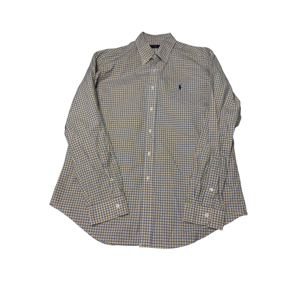 Ralph Lauren Mens Large Yellow Navy Blue Check Button Down Long Sleeve Shirt L
